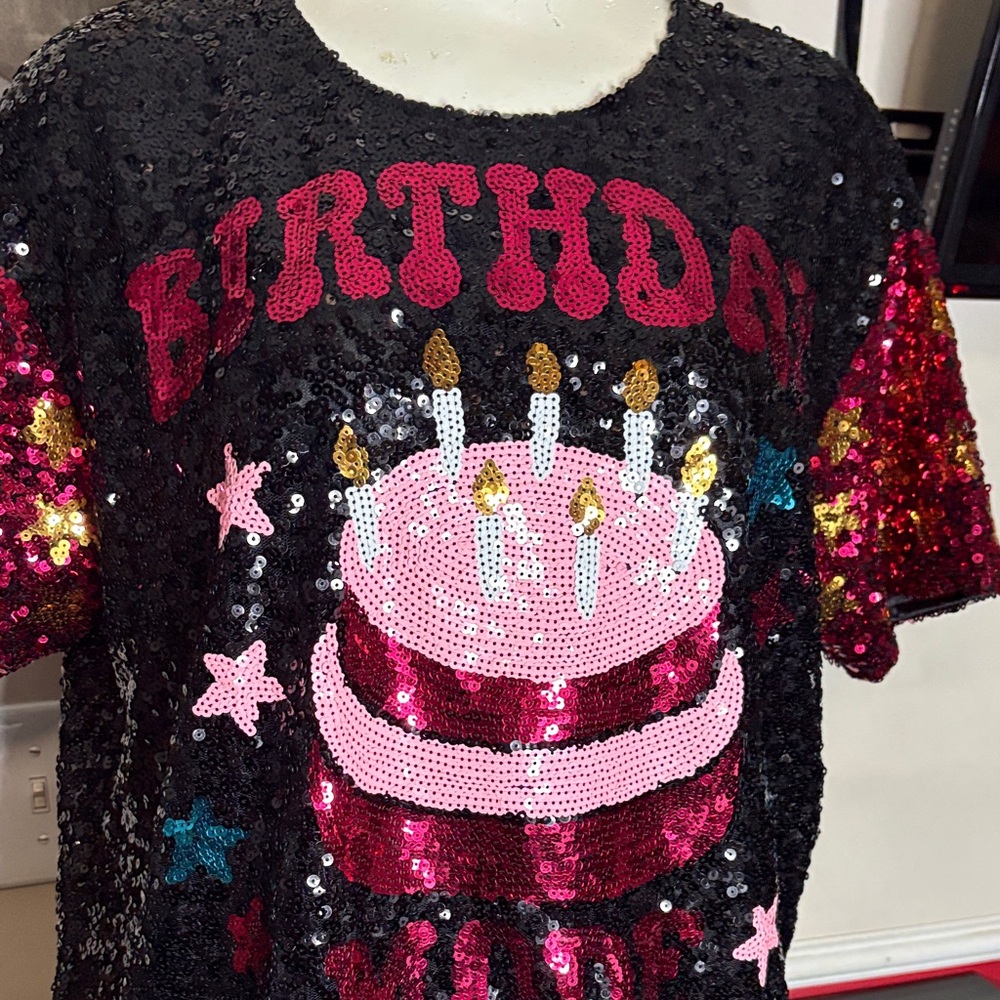 Simply Southern Black Sequin Mini Dress with Pink Cake Graphic - Picture 5 of 6